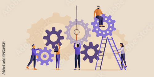 Teamwork and problem solving illustrated with gears and a ladder