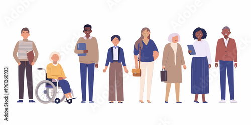 Diverse group of people standing together in a colorful illustration