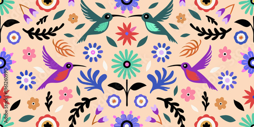 Colorful hummingbird and floral seamless pattern on a peach background