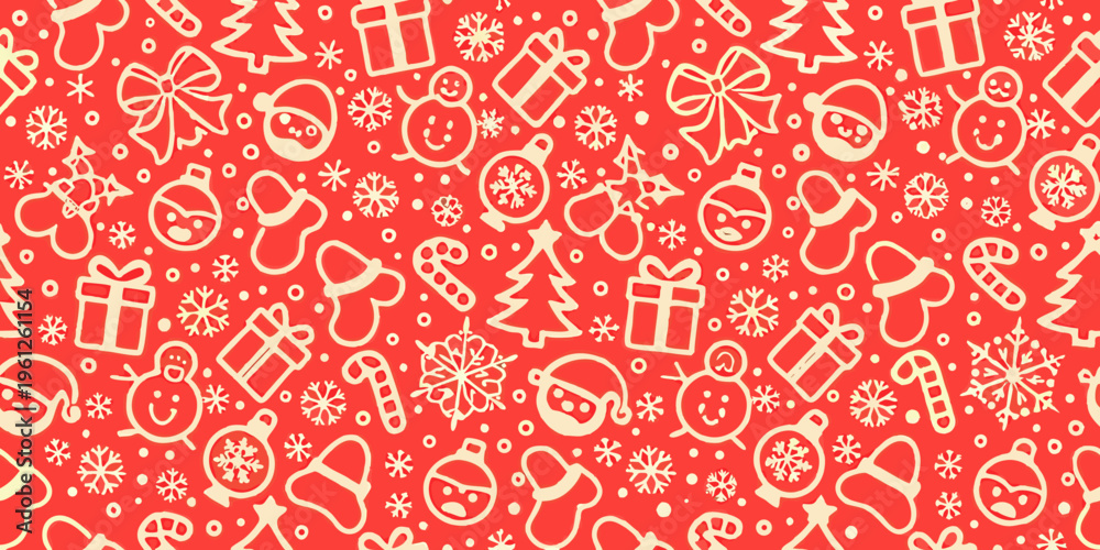 Naklejka premium Festive red background featuring various christmas icons and illustrations