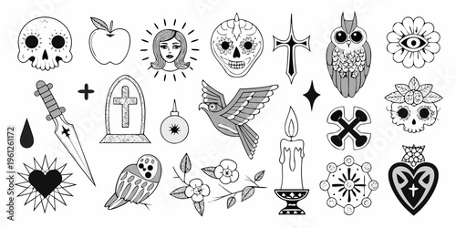 Collection of vintage flash tattoo style illustrations in black and white