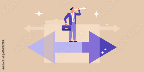A businessman uses a telescope at a crossroads seeking future direction