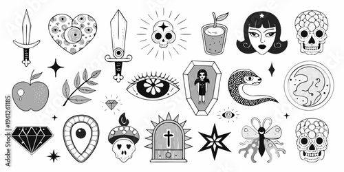 A collection of vintage style flash tattoos featuring gothic and whimsical designs