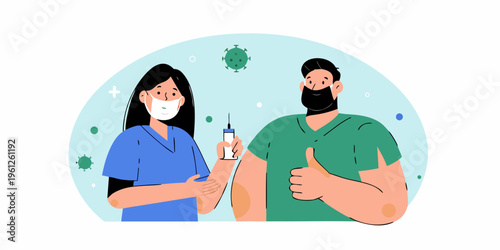 Healthcare workers and a patient during a vaccination process illustration
