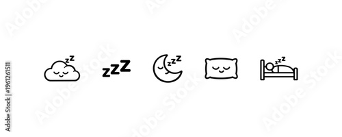 Sleep icons featuring cloud moon pillow and bed representing rest.