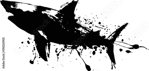 Shark silhouette with grunge splatter paint effect abstract black fish art design
