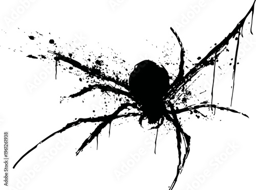 black spider silhouette with ink splatter wings and long legs design element