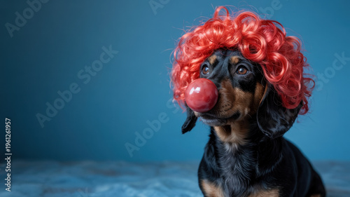 A playful dog wearing a red wig and nose, sitting in front of a blue background.