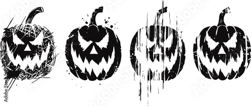 Grunge halloween pumpkin faces set scary jack o lantern illustrations with distressed texture