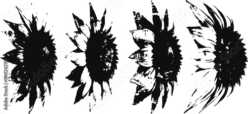 black sunflower silhouettes with textured grunge effect in various side view poses, vintage floral botanical art
