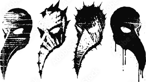 Four stylized halloween masks in black and white with dripping and textured effects, spooky horror theme
