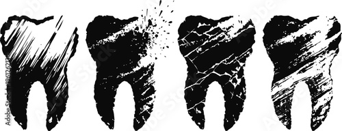 grunge textured tooth icons set four distressed dental design elements with scratch effects