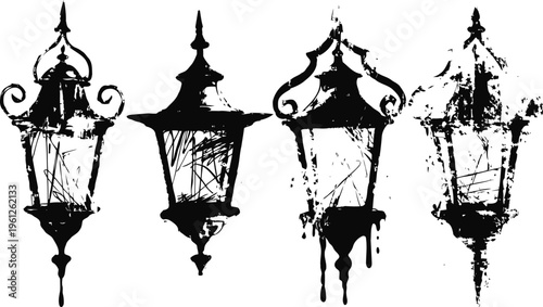Grunge vintage lantern silhouettes set with ornamental details in black ink