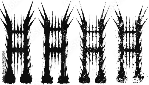 grunge uppercase letters h, i, j, k with splattered ink strokes and rough textured edges