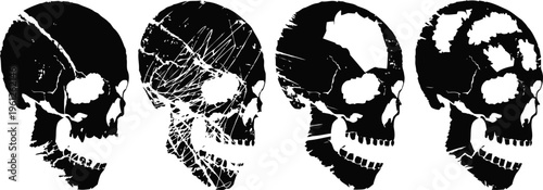 four monochrome skull silhouettes with varying texture and shading on black background
