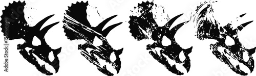 black silhouette sequence of a triceratops skull rotating dinosaur fossil side view illustration