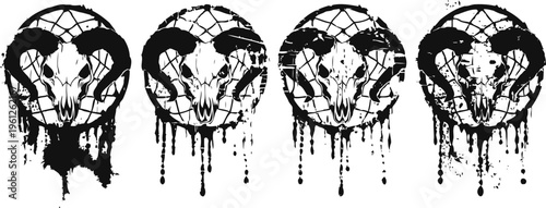 Ram skull with dreamcatcher design tribal gothic art with dripping black paint effect spiritual and mystical symbolism