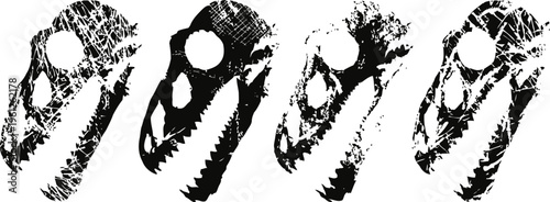 set of four black and white dinosaur skull illustrations with detailed features