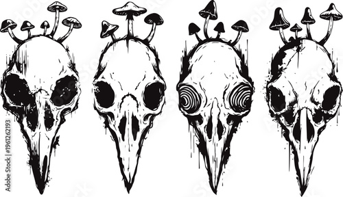 Set of four bird skull illustrations with growing mushrooms, dark gothic art