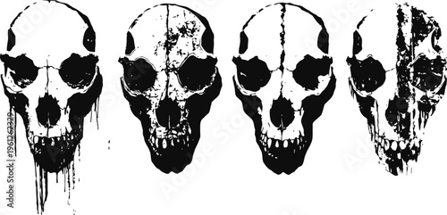 Four grunge black skulls with distressed texture and paint drip effects on white background