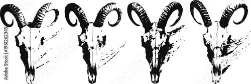 Four detailed black goat skull silhouettes with curled horns isolated on white background