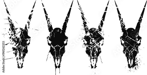 four grunge antelope skull silhouettes, distressed and splattered ink art collection