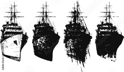 Four vintage ship silhouettes isolated on white background, maritime naval vessels front view