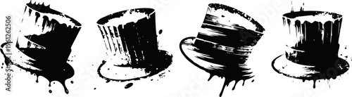 set of four vintage top hats with dripping ink effect isolated on white background