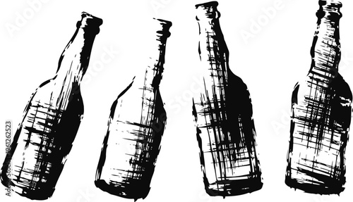 Four black and white grunge beer bottles illustration with textured rough brush stroke design