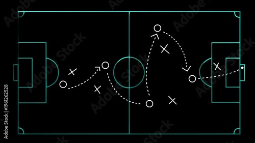 Neon Soccer football strategy and tactics scheme with arrow and players on Green Field with animated arrows and players movements. Motion graphics of goal concept