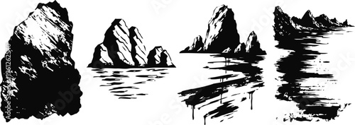 black and white coastal rock cliffs and sea landscapes set, hand drawn ink illustrations