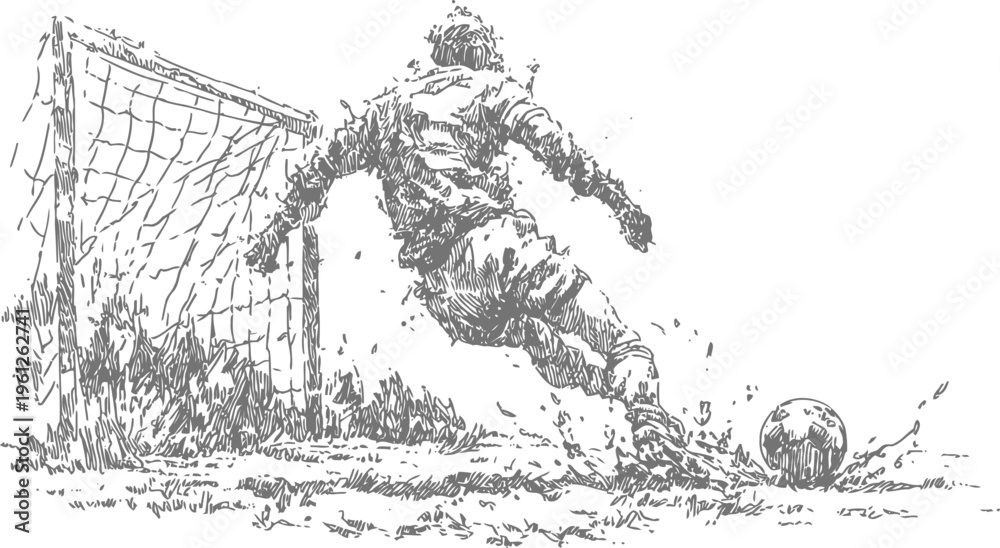 Fototapeta premium soccer player kicking ball towards goal net in dynamic sports action sketch