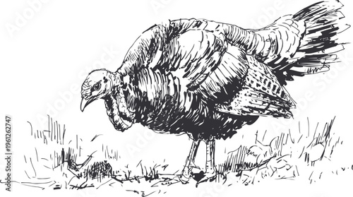 Wild turkey bird sketch with detailed feathers, walking on grassy ground, vintage illustration