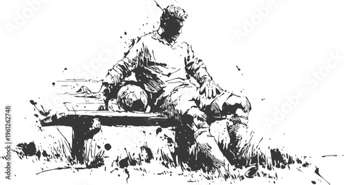 soccer player sitting on bench resting after game with ball beside, sport relaxation and fatigue