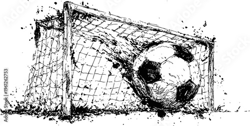 Soccer ball hitting the goal net black and white sketch of football game scoring moment