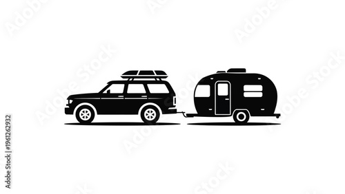 minimal black car towing camper trailer flat vector illustration isolated on white background travel road trip concept simple modern design
