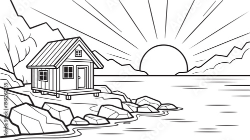 Serene cabin by the lakeside during sunset