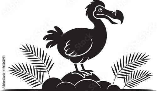 Elegant silhouette of the extinct dodo bird perched on volcanic rocks with palm fronds