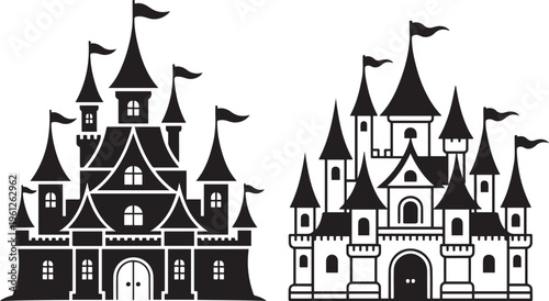 Dual medieval castles with flags flying atop their towers in black and white silhouette