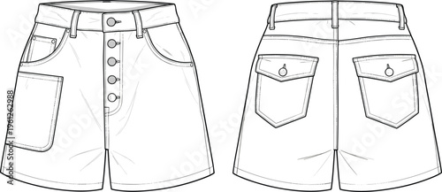 Denim mini skirt vector front and back view button closure casual fashion apparel illustration design