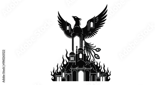 black eagle spreading wings over burning building silhouette