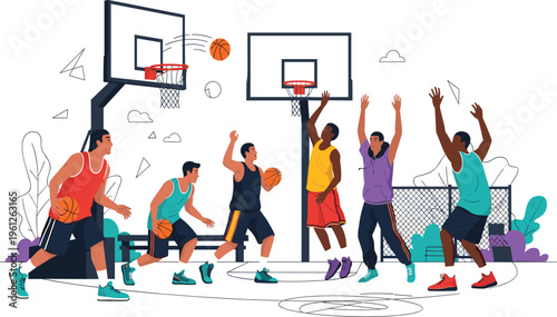 Street Basketball Game Scene with Diverse Players Dribbling, Shooting, and Defending on Outdoor Court in Urban Sports Activity Illustration Style.