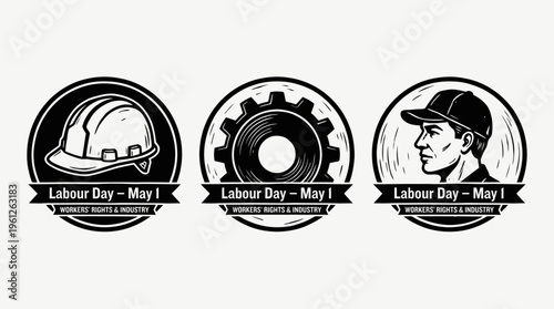 Circular badges themed around Labour Day, May 1: hard hat with wrench, raised fist with hammer, worker profile, handshake, symbolizing unity, solidarity, and industrial strength.