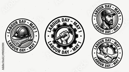 Circular badges themed around Labour Day, May 1: hard hat with wrench, raised fist with hammer, worker profile, handshake, symbolizing unity, solidarity, and industrial strength.
