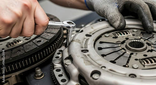 Mechanic's hands working on a car clutch assembly with a wrench, performing auto repair and maintenance.