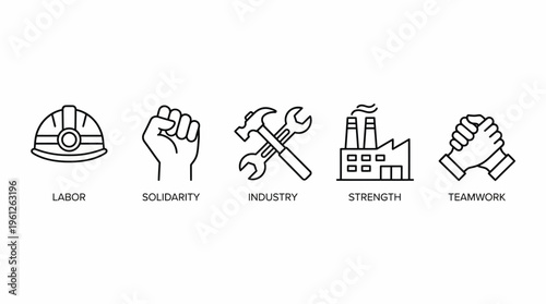 Black-and-white icons representing labor, solidarity, and industry: construction helmet, raised fist, crossed tools, factory with gears, and handshake, symbolizing unity, work, cooperation, and indust
