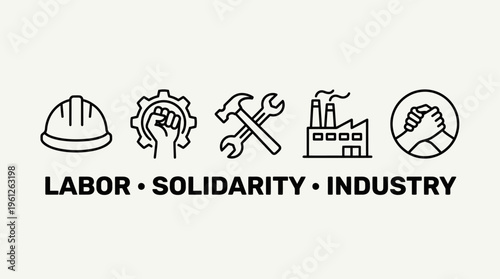 Black-and-white icons representing labor, solidarity, and industry: construction helmet, raised fist, crossed tools, factory with gears, and handshake, symbolizing unity, work, cooperation, and indust