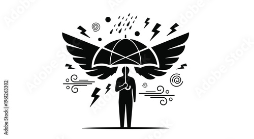 Businessman with protective wings and chaotic symbols around him