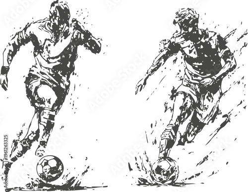 Dynamic soccer players dribbling the ball in action, intense football game movement sketch