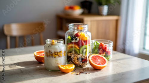 A healthy breakfast setup with fruit and yogurt in glass jars on a kitchen table